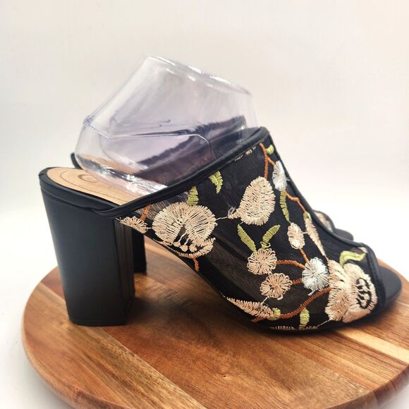 Cato Comfort Sandals Block Heels Women 10M Black Floral Embroidery Boho Peep Toe - Picture 1 of 10
